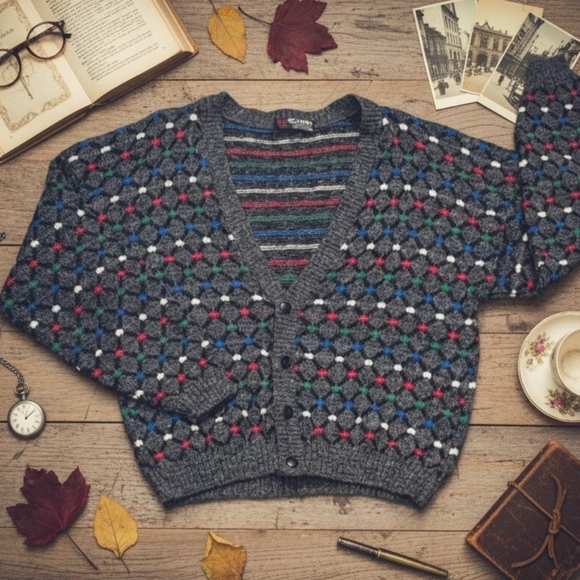 Vintage Scandia Wool Knit Cardigan Relaxed Grandpa Sweater Mens XL Grey Multi - Picture 12 of 12